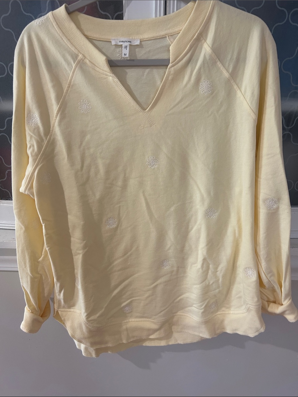 Maurices Pale Yellow V-Notch Sweatshirt with Daisy Embroidery